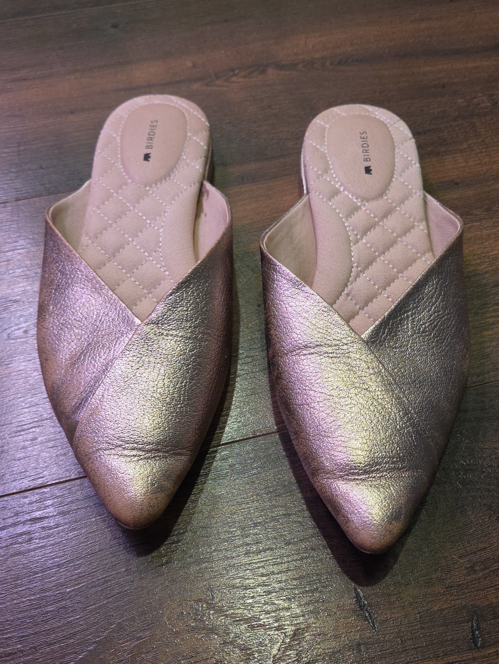 Gold Pointy Toe Birdies Leather Mules Sz 9